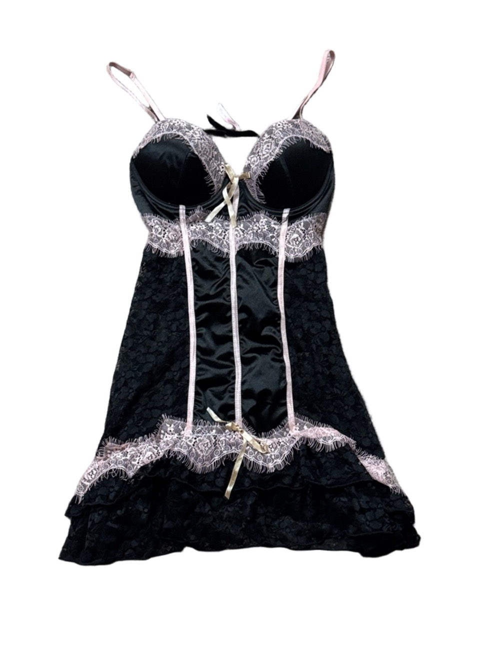 Native Intimates Black Pink Lace Babydoll Lingerie Bustier Chemise SIZE 36B